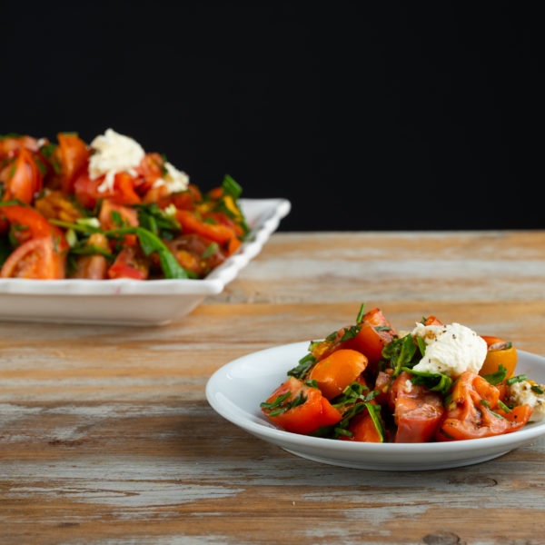 Heritage Tomatoes with Buffalo Mozzarella, Olive Oil & Balsamic topped with Basil, Chives & Spring Onions (Ve option available) - Image 4
